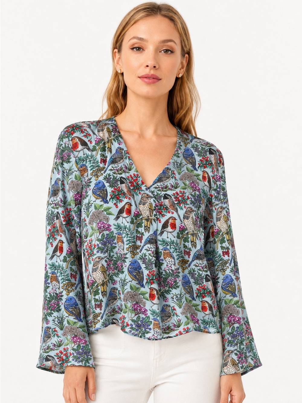 J.Jill S Bird Botanical Print Top Blouse 3/4 Sleeve EcoVero Viscose Old Money